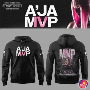 Front and back of the A'ja Wilson MVP black hoodie. The front has 'A'JA MVP' text, the back features a graphic of her on a throne.