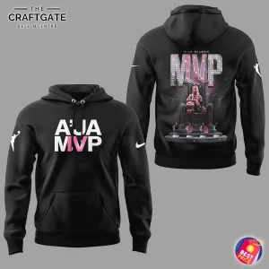 A black pullover A'ja Wilson MVP hoodie shown from the front and back. Back graphic shows Wilson on a throne under a large MVP logo.