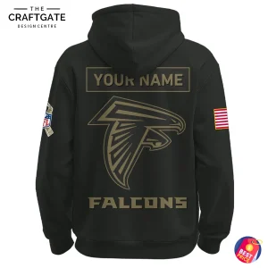 Back of the black Atlanta Falcons Salute To Service hoodie, showing the large team logo and a placeholder for a custom name.