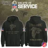 Front and back view of the Atlanta Falcons Salute To Service hoodie with military-style logo and custom name on the back.