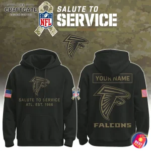 Front and back view of the Atlanta Falcons Salute To Service hoodie with military-style logo and custom name on the back.