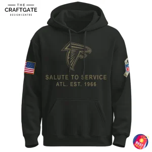 Front of the black Atlanta Falcons Salute To Service hoodie, showing the team logo, EST. 1966 text, and sleeve patches.