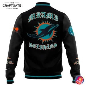 Back of the Black Miami Dolphins Jacket 2025, featuring the large classic team logo and 'Miami Dolphins' text in a stylized font.