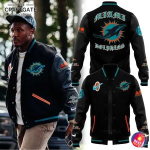 Model wearing the Black Miami Dolphins 2025 Baseball Jacket, alongside detailed front and back views of the jacket's design.