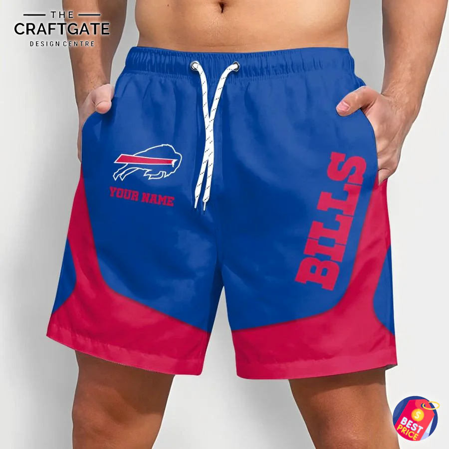 Buffalo Bills Special Custom Shorts with Personalized Name Front view of a man wearing custom Buffalo Bills shorts in blue and red, featuring the team logo and a spot for a custom name.