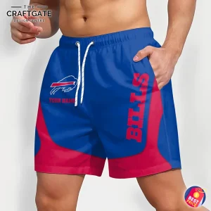 Angled side view of the personalized Buffalo Bills shorts, showing the blue and red design with the vertical 'BILLS' text.