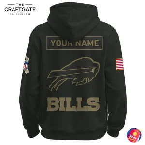 Back of the Buffalo Bills Salute To Service hoodie featuring a large team logo and a placeholder for a custom name above it.