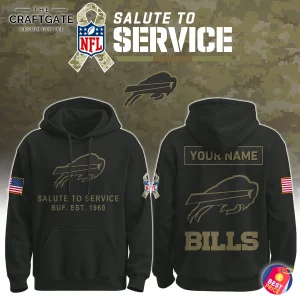 Front and back view of the Buffalo Bills Salute To Service hoodie, showing military-style graphics and custom name option.