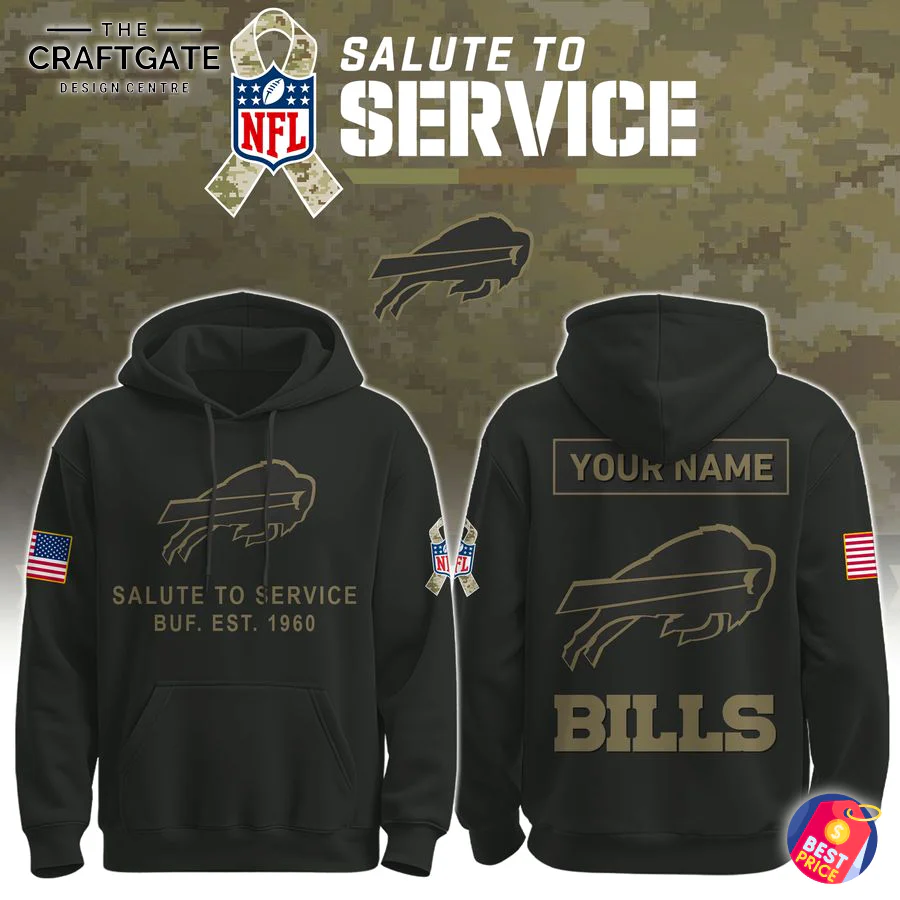 Buffalo Bills Salute To Service Hoodie - Front and Back View Front and back view of the Buffalo Bills Salute To Service hoodie, showing military-style graphics and custom name option.