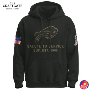 Front of the black Buffalo Bills Salute To Service hoodie with the team logo, American flag, and NFL shield patches on the sleeves.
