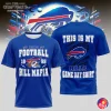Front and back view of the royal blue Buffalo Bills t-shirt for Bill Mafia fans, showing the vintage helmet and game day designs.