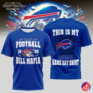Front and back view of the royal blue Buffalo Bills t-shirt for Bill Mafia fans, showing the vintage helmet and game day designs.