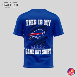 Back of the Buffalo Bills royal blue t-shirt with the text "This Is My Bills Game Day Shirt" and a stylized team logo.