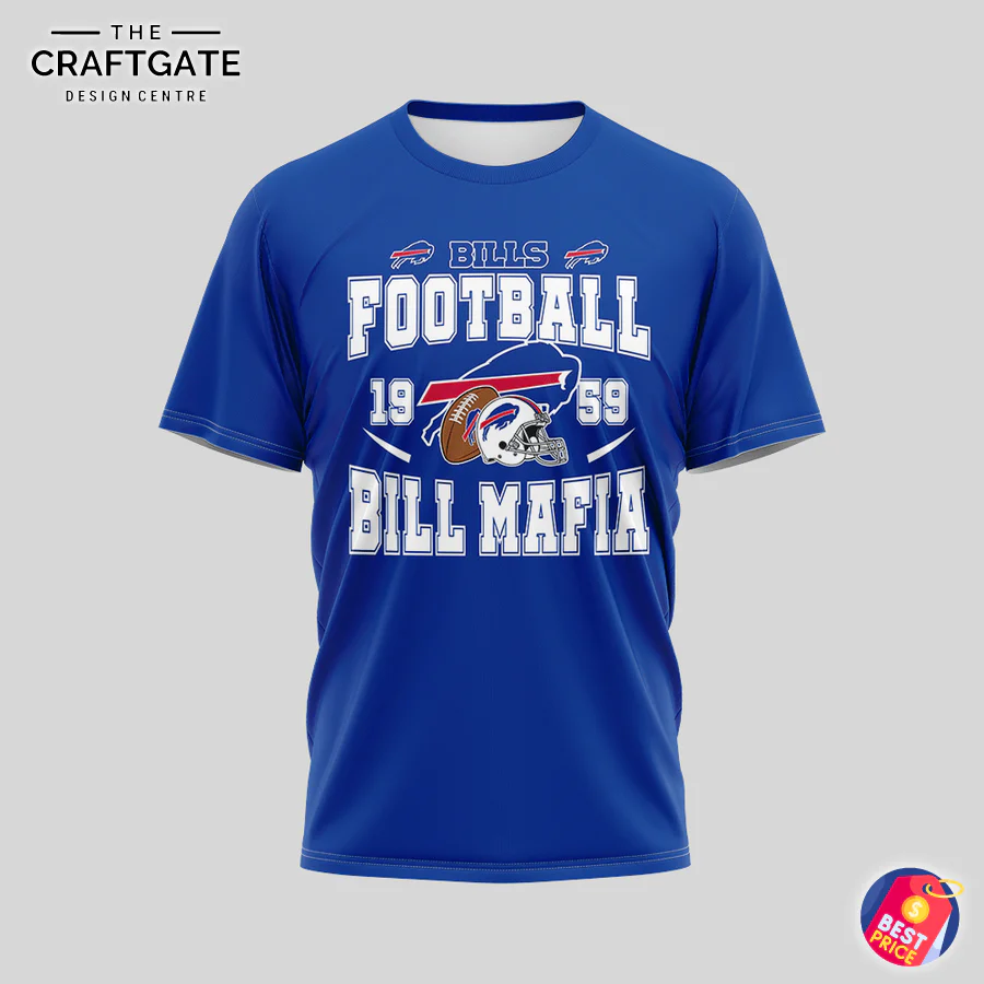 Front View of Buffalo Bills Bill Mafia T-Shirt with Vintage Helmet Design Close-up of the front of the Buffalo Bills t-shirt featuring a vintage football helmet and the text "Bill Mafia 1959".