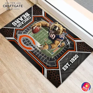 An overhead shot of the Chicago Bears doormat on a light wood floor, showing the detailed bear mascot and team logo design.