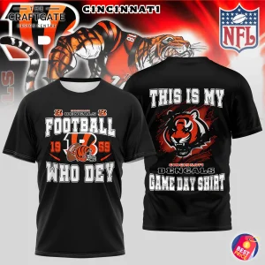 Front and back view of the black Cincinnati Bengals game day t-shirt with Who Dey and tiger graphics on a stylized background.