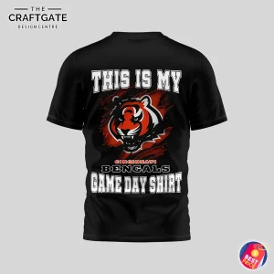 Back of a black Cincinnati Bengals t-shirt featuring a fierce tiger head logo and the text "This Is My Game Day Shirt".