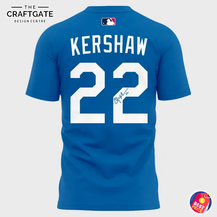 Back View of the Clayton Kershaw Los Angeles Dodgers T-Shirt Back view of the royal blue Los Angeles Dodgers t-shirt featuring the name KERSHAW and the number 22 with a replica signature.