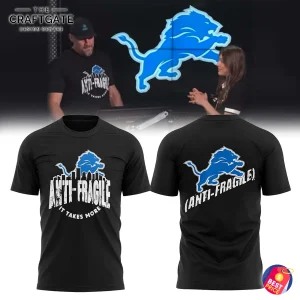 Coach Dan Campbell wearing Detroit Lions Anti-fragile It Takes More T-Shirt front and back view
