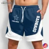 A man wearing custom navy and white Dallas Cowboys shorts with the star logo and a place for a name on the front.