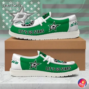 A side view of the Dallas Stars loafer shoes in green and white, featuring the team logo and the text "LET'S GO STARS".