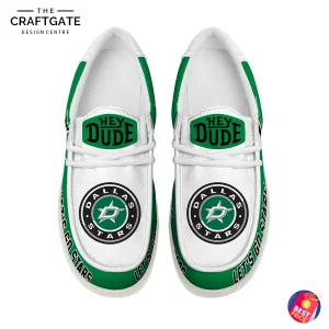 A top-down view of a pair of Dallas Stars loafer shoes, showing the circular team logo on the top of each shoe.