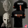 A composite image of the Bernie Parent t-shirt next to a photo of the legendary Flyers goalie holding his mask.