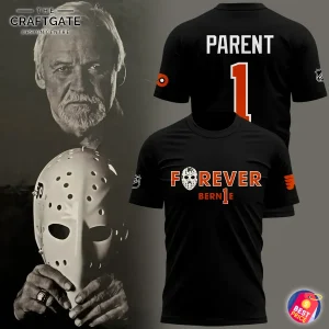 A composite image of the Bernie Parent t-shirt next to a photo of the legendary Flyers goalie holding his mask.