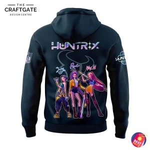 Back of the Texans hoodie featuring a large graphic of the K-pop group Huntrix with their signatures above them.