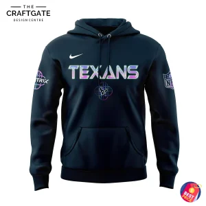Front of the dark blue limited edition hoodie showing the iridescent Houston Texans logo, NFL patch, and Huntrix sleeve logo.