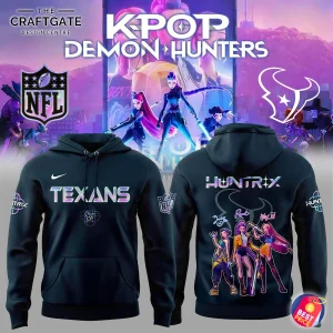 Front and back view of the KPop Demon Hunters x Houston Texans hoodie, a unique NFL and K-pop crossover apparel collaboration.