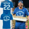 Clayton Kershaw wearing the blue LA Dodgers October Baseball t-shirt, with detailed front and back views of the shirt design shown.