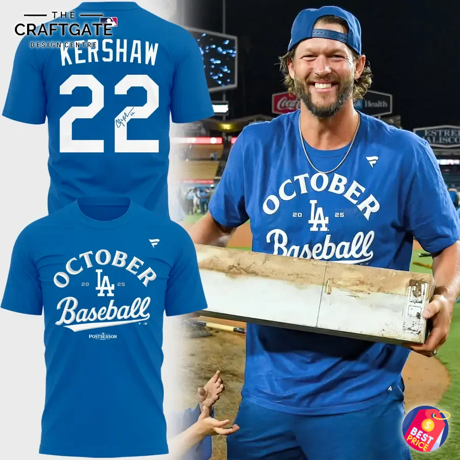 Clayton Kershaw Wearing the Los Angeles Dodgers October Baseball T-Shirt Clayton Kershaw wearing the blue LA Dodgers October Baseball t-shirt, with detailed front and back views of the shirt design shown.