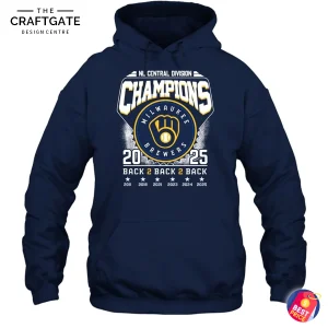 Front view of Hoodie the navy blue Milwaukee Brewers 2025 NL Central Division Champions t-shirt with the official championship graphic.