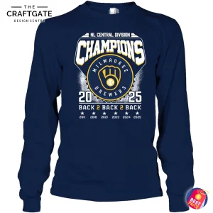 Front view of the navy blue long sleeve version of the Milwaukee Brewers 2025 NL Central Division Champions t-shirt.