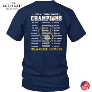 Back of the Milwaukee Brewers 2025 Champions t-shirt displaying the full team roster, including players and the manager.