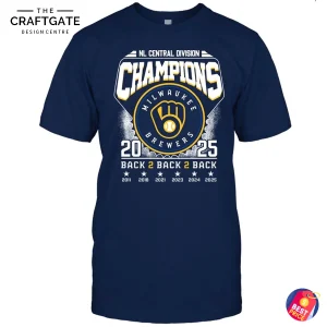 Front view of the navy blue Milwaukee Brewers 2025 NL Central Division Champions t-shirt with the official championship graphic.