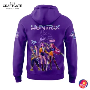 Back view of Minnesota Vikings KPop Demon Hunters purple hoodie with animated characters graphic