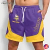 A man models the front of custom Minnesota Vikings shorts in team colors purple and yellow, featuring the logo and a "Your Name" option.