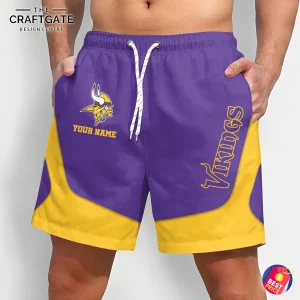 A man models the front of custom Minnesota Vikings shorts in team colors purple and yellow, featuring the logo and a "Your Name" option.