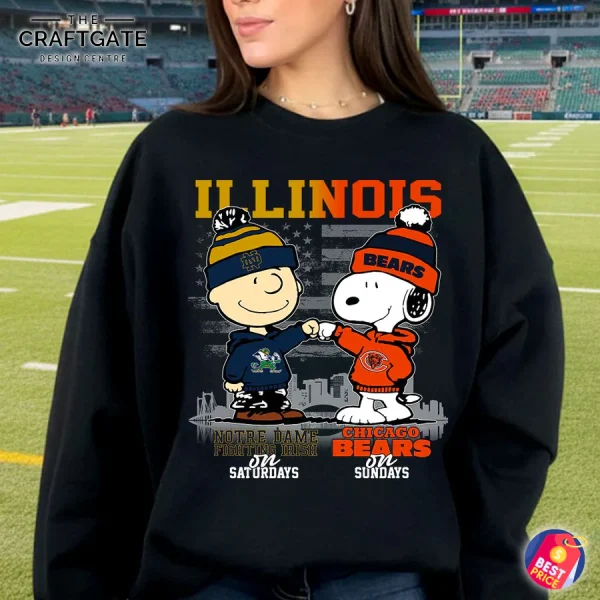 A woman at a football stadium wearing the black Illinois fan sweatshirt with the Notre Dame and Chicago Bears Snoopy design.