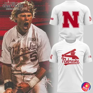 A Nebraska Cornhuskers baseball player celebrating next to the front and back views of a white and red team t-shirt.