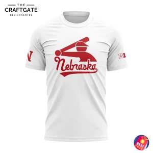 Front view of a white Nebraska Cornhuskers t-shirt featuring a red logo of a stickman baseball player and Nebraska script.