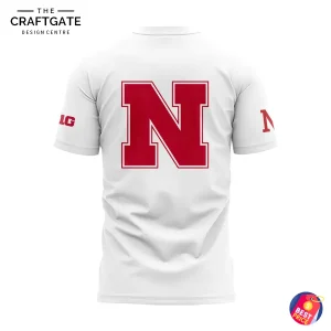 Back view of a white Nebraska Cornhuskers t-shirt displaying a large red block N in the center between the shoulders.