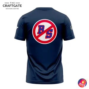 Back of the navy New York Rangers T-shirt featuring the large circular red, white, and blue No BS logo.