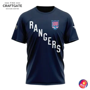 Front of the navy New York Rangers T-shirt with the word RANGERS diagonally across the chest and a 100th anniversary style crest.