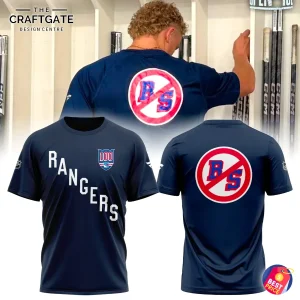 A collage showing a player wearing the New York Rangers No BS T-shirt, with separate front and back views of the navy blue shirt.