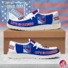A pair of New York Rangers loafer shoes shown from the side, featuring the team logo and "LET'S GO RANGERS" text.