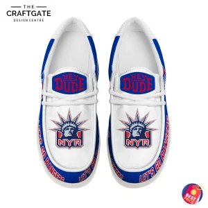 Top-down view of a pair of New York Rangers loafers, displaying the NYR Statue of Liberty logo on the front.