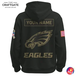 Back of the Philadelphia Eagles Salute To Service hoodie showing the large team logo, EAGLES text, and a customizable nameplate.